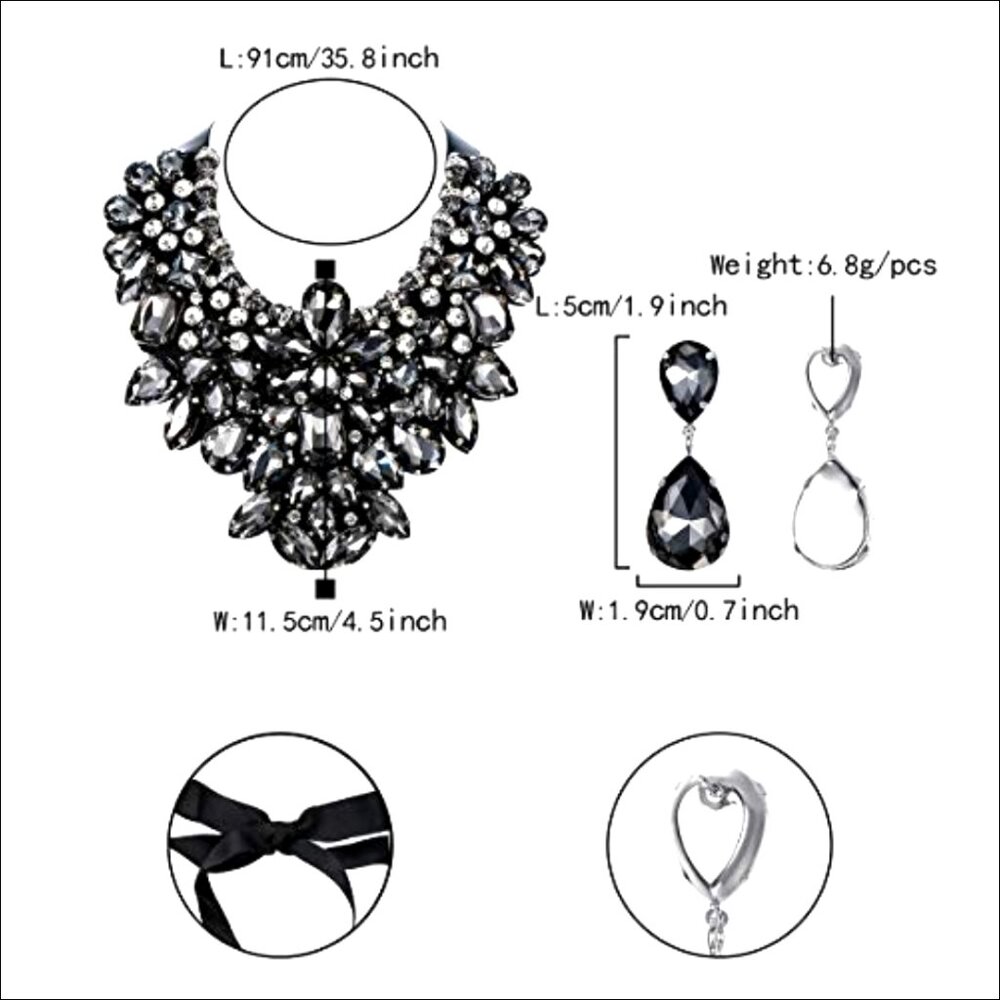 Crystal Rhinestone Statement Necklace Earrings Set Adjustable Costume Jewelry - Picture 5 of 6